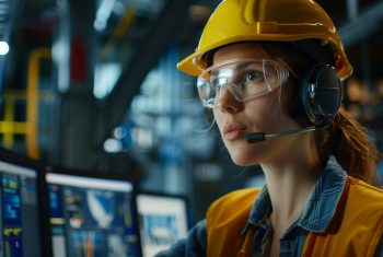 30-years-old-engineer-woman-talking-with-headsets-using-multiple-monitors-with-yellow-hard-hat-m 30-years-old-engineer-woman-talking-with-headsets-using-multiple-monitors-with-yellow-hard-hat-m