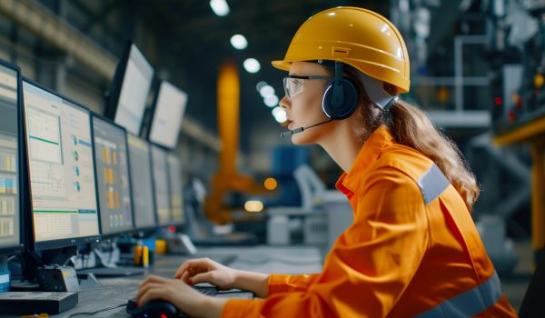 A 30 years old Engineer Woman Talking with a Headsets using multiple monitors with Yellow hard hat Medium Shot in industrie workshop, natural lighting, shot with a Nikon Z7 II, shallow Depth of Field, --ar 16:9 --style raw Job ID: a2d654e3-1aa6-4a24-8a8e-ab663f327b3b
