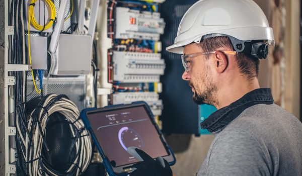 Man, an electrical technician working in a switchboard with fuses, uses a tablet. Man, an electrical technician working in a switchboard with fuses. Installation and connection of electrical equipment.