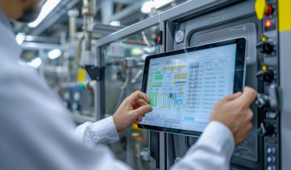 technician-using-tablet-monitor-industrial-equipment-operations-inside-manufacturing-facility technician-using-tablet-monitor-industrial-equipment-operations-inside-manufacturing-facility