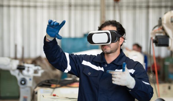 A young male engineer uses a VR machine to operate a welding rob A young male engineer uses a VR machine to operate a welding robot. for precision welding control that is both quick and safe